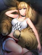 1girl animal_ears arknights black_choker blonde_hair breasts candy cat_ears choker collarbone cuddling cutoffs dot_nose eyes_closed food gigamessy hair_between_eyes holding_lollipop legs lion lion_girl lion_tail lollipop looking_at_viewer lying on_back ponytail red_shorts scarf shorts siege_(arknights) sleeping tail tank_top yellow_eyes // 1088x1408 // 191.4KB