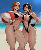 2girls Pinup abs arm_around_shoulder ball beach beachball bikini black_bikini black_eyeshadow black_gloves black_hair black_swimsuit blue_sky blush borrowed_character breast_press breasts brown_hair center_opening cherry-gig clavicle cleavage commission day earrings eyeshadow female fingerless_gloves gloves high_resolution jewelry large_breasts lips looking_at_viewer makeup mole mole_under_mouth multiple_girls muscle muscular_female nose nose_blush ocean original red_eyes scar scar_across_eye short_hair sky standing strap_gap swimsuit thick_thighs thighs underboob useless_tags yellow_eyes // 1286x1576 // 253.8KB
