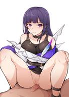 1boy 1girl bangs black_choker blunt_bangs blush breast_press breasts choker clothed_female_nude_male cowgirl_position earrings embarrassed female girl_on_top gloves guns_girlz_(series) hetero high_resolution honkai_impact_3 jewelry jo_an large_breasts long_hair looking_to_the_side male neck_ribbon nude paipan penis ponytail purple_eyes purple_hair raiden_mei ribbon ribbon_choker single_glove solo_focus spread_legs straddling tied_hair uncensored vagina very_high_resolution very_long_hair white_background // 1288x1806 // 212.6KB