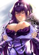 1girl absurdres backlighting bangs blush breasts breasts_outside closed_mouth dress dress_pull fategrand_order fate_(series) fur-trimmed_dress fur_trim hair_between_eyes hair_ribbon highres large_breasts long_sleeves looking_at_viewer nipples ponytail purple_dress purple_hair red_eyes ribbon ryougi_ayato scathach_(fate)_(all) scathach_skadi_(fategrand_order) sparkle tiara // 1288x1822 // 279.1KB