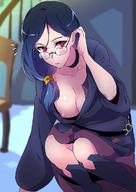1girl black_boots black_choker blue_hair blush boots breasts choker female little_witch_academia long_hair looking_at_viewer medium_breasts megane negom nipples red_eyes solo squatting ursula_callistis // 850x1202 // 154.8KB