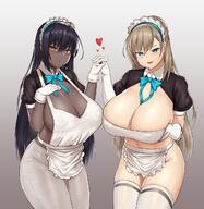 Pantyhose apron asuna_(blue_archive) black_hair blonde_hair blue_archive blue_eyes braid breast_hold breast_lift breasts cropped_legs crown_braid dark_skin elbow_gloves erect_nipples erect_nipples_under_clothes gloves gradient gradient_background groin heart high_resolution huge_breasts interlocked_fingers kakudate_karin large_breasts long_hair maid maid_headdress nipples nopan simple_background smile thighhighs tied_hair very_long_hair waist_apron white_gloves white_legwear yellow_eyes zb_(xucz8527) // 1248x1280 // 200.4KB