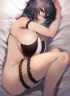 1girl arm_strap ass black_bra bottomless bra breasts highres large_breasts long_hair looking_at_viewer lying mitsukichi on_side original parted_lips red_eyes solo thigh_strap underwear // 1228x1672 // 201.3KB