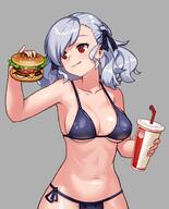 1girl armpits bangs bikini black_bikini breasts burger cleavage closed_mouth cup disposable_cup drinking_straw food girls'_frontline grey_background hair_between_eyes holding holding_cup holding_food lim_jaejin medium_hair navel red_eyes shirt silver_hair simple_background skirt solo spas-12_(girls'_frontline) swimsuit tongue tongue_out // 1080x1338 // 135.3KB