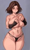 bare_shoulders breasts brown_hair clavicle closed_mouth clothing covering covering_breasts cowboy_shot elden_ring feet_out_of_frame gloves grey_background hands_on_own_breasts kelvin_hiu large_breasts legs_together melina_(elden_ring) navel one_eye_closed short_hair simple_background stomach sweat thick_thighs thighs thong wide_hips yellow_eyes // 1588x2654 // 252.0KB
