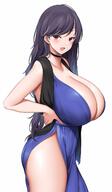 1female 1girls bangs black_choker black_hair black_sash blank_background blue_dress blush blushing_at_viewer breasts bursting_breasts choker cleavage collarbone contrapposto curvaceous dot_nose dress enormous_breasts eye_contact eyebrows_visible_through_hair female_focus from_side hand_on_hip hi_res high_resolution highres hourglass_figure huge_breasts long_hair looking_at_viewer massive_breasts open_mouth original pelvic_curtain plain_background purple_dress red_eyes sash seductive seductive_eyes seductive_look sexually_suggestive side_slit sideboob simple_background single_female single_girl sleeveless sleeveless_dress solo solo_female standing suggestive_look suggestive_pose suruga_(xsurugax) thighs voluptuous white_background // 1424x2436 // 242.4KB