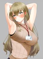 1girl armpits arms_behind_head arms_up bangs black_bra blonde_hair blue_eyes blush bra bra_visible_through_clothes breasts brown_sweater commentary_request earrings eyebrows_visible_through_hair fed_(giba) grey_background hair_between_eyes id_card jewelry lanyard large_breasts long_hair looking_at_viewer original paid_reward_available see-through simple_background sleeveless sleeveless_sweater solo sweat sweater underwear // 1226x1650 // 201.8KB
