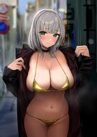 1girls 2022 absurdres bangs bikini black_choker blunt_bangs blurry blurry_background blush braid breasts choker closed_mouth coat exhibitionism female female_focus female_only flashing furrowed_brow gold_bikini green_eyes grey_hair grey_nails hands_up highres hololive large_breasts looking_at_viewer medium_hair micro_bikini navel open_clothes open_coat outdoors public_indecency raised_eyebrows road road_sign shirogane_noel sign skindentation solo solo_female stomach street string_bikini sweat swimsuit trench_coat urokong virtual_youtuber // 1422x2011 // 299.1KB
