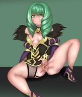 1girls Cosplay black_dress black_feathers blush blush_lines boob_window costume disguise exposed_shoulders feathers female female_only fire_emblem fire_emblem:_three_houses fire_emblem_heroes fishnet_legwear flayn_(fire_emblem) green_background green_eyes green_hair grin grinning high_heels highres loki_(fire_emblem) loki_(fire_emblem)_(cosplay) long_hair nintendo purple_dress shapeshifter simple_background sitting small_breasts smaller_female smile smiling smiling_at_viewer solo somnolentdoll spread_legs spread_pussy spreading transformation // 1686x1980 // 287.2KB
