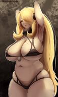 armpits arms_behind_back bikini blonde_hair breast_squeeze chubby cynthia_(pokemon) game_freak long_hair love_handles massive_breasts muffins navel nintendo one_eye_covered overweight overweight_female pokemon pokemon_dppt slimybuttcheeks thick_thighs tight_clothing wide_hips // 1248x2080 // 257.1KB