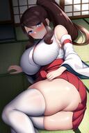 1girls ai_generated alternate_breast_size ass blue_eyes breasts brown_hair bubble_butt female game_freak hilda_(pokemon) hips huge_ass huge_breasts large_breasts light-skinned_female light_skin long_hair long_ponytail lying_on_side miko nai_diffusion nintendo pokemon pokemon_bw ponytail shrine_maiden skindentation skirt smile stable_diffusion thick_thighs thighs wide_hips // 880x1320 // 138.7KB
