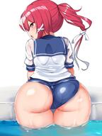 absurdres ass blush female hair_ribbon highres i-168_(kantai_collection) kantai_collection kurokoshou_(emuburemu123) long_hair looking_back one-piece_swimsuit open_mouth partially_submerged ponytail red_eyes red_hair ribbon school_swimsuit school_uniform see-through serafuku solo swimsuit wedgie wet wet_clothes // 1426x1906 // 237.4KB