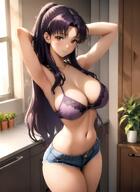 1girls ai_generated armpits arms_behind_head big_breasts blush bra brown_eyes busty cleavage clothing female female_only jean_shorts large_breasts light-skinned_female light_skin long_hair looking_at_viewer mature mature_female mature_woman misato_katsuragi nai_diffusion navel neon_genesis_evangelion pale-skinned_female ponytail pose posing purple_hair sensual sexy_armpits short_shorts smile smiling solo solo_female stable_diffusion thick_thighs underwear // 1828x2514 // 246.8KB