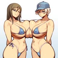 2girls big_breasts big_thighs bikini breast_press breast_to_breast breasts brown_hair busty coffeelove68 female female_only girls_und_panzer huge_breasts huge_thighs large_breasts large_thighs long_hair looking_at_viewer micro_bikini mika_(girls_und_panzer) navel short_hair swimsuit thick_thighs thighs voluptuous white_hair youko_(girls_und_panzer) // 2488x2488 // 381.6KB