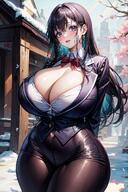 1girls ai_generated black_hair blazer cherry_blossoms city cleavage curvy day detailed_background gigantic_breasts hair_over_shoulder hourglass_figure long_hair narrow_waist original original_character outdoors purple_eyes shiny_hair snow snowflake stable_diffusion thick_thighs undercolor_(hair) wide_hips // 1288x1932 // 355.3KB