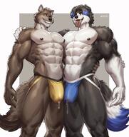 abs amon-sydonai anthro black_body black_fur black_hair blue_hair bodily_fluids border_collie brown_body brown_fur bulge canid canine canis clothed clothing collie domestic_dog dreamworks dripping duo floppy_ears fur genital_fluids genital_outline grin hair herding_dog hi_res highlights_(coloring) jockstrap jockstrap_only looking_at_viewer male malemale mammal mr._wolf_(the_bad_guys) obliques pastoral_dog pecs penis_outline precum precum_drip precum_through_clothing precum_through_jockstrap sheepdog smile teeth the_bad_guys tongue tongue_out topless underwear underwear_only wet wet_clothing white_body white_fur wolf // 2028x2152 // 349.8KB