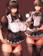 2019 2girls Uniform bare_arms blonde_hair blue_eyes bottle bow bowtie breasts brown_background brown_eyes bun_cover clothing corset cup female female_only glass glasses hair_bun hand_on_hip highres holding_tray large_breasts long_hair long_twintails looking_at_viewer maid maid_headdress maid_uniform mature_female mature_maid_(pepe_(jonasan)) microskirt miniskirt multiple_girls open_mouth original pepe_(jonasan) pubic_hair pussy revealing_clothes short_hair simple_background skindentation skirt standing thick_thighs thigh_gap thighhighs thighs tied_hair tongue tray twintails twintails_maid_(pepe_(jonasan)) wine_bottle wine_glass // 1288x1680 // 273.1KB