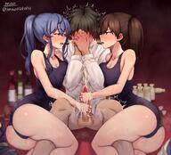 1boy 2girls admiral_(kancolle) alcohol ass black_hair black_one-piece_swimsuit blue_hair blurry blurry_background blush bottle breast_press breasts brown_hair censored choko_(cup) cleavage commentary_request cooperative_handjob covering_face cum cup drunk ejaculation embarrassed epaulettes eye_contact gotland_(kancolle) half-closed_eyes hetero highres jewelry kaga_(kancolle) kantai_collection large_breasts long_hair looking_at_another m.a.o mosaic_censoring motion_lines multiple_girls old_school_swimsuit one-piece_swimsuit ponytail projectile_cum ring sake_bottle school_swimsuit shirt short_hair side_ponytail swimsuit trembling twitter_username wedding_ring white_shirt // 1640x1488 // 267.4KB