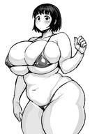 1girl belly bikini breasts covered_nipples cropped_legs curvy greyscale highres huge_breasts leaning_forward looking_at_viewer monochrome navel plump short_hair simple_background skindentation solo swimsuit synecdoche thick_thighs thighs white_background // 850x1266 // 111.5KB