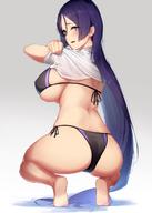 1girl absurdres ass back barefoot bikini black_bikini blush breasts enosan fategrand_order fate_(series) grey_background highres large_breasts long_hair looking_at_viewer looking_back minamoto_no_raikou_(fategrand_order) purple_bikini purple_eyes shirt_lift side-tie_bikini simple_background smile soles solo squatting swimsuit thighs tiptoes underwear // 920x1288 // 119.3KB