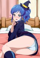 1girl absurdres acchi_(koiyimknp) aikatsu! ass bed blue_eyes blue_hair blush boots dress finger_to_mouth halloween heart heart-shaped_pupils highres kiriya_aoi knee_boots long_hair long_sleeves looking_at_viewer nose_blush on_bed open_mouth panties pillow pinky_out sash short_dress side_ponytail sitting smile solo sweatdrop symbol-shaped_pupils thighs underwear wavy_hair white_panties witch yokozuwari // 880x1283 // 139.7KB