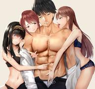 1boy 3girls Harem abs alternative_costume bangs beige_background black_footwear black_hair black_panties black_pants black_underwear blue_bra blue_eyes blue_panties blue_underwear blush bra breasts brown_eyes brown_hair clavicle clothes_down earrings embarrassed female girl_sandwich grimace groping hairband hand_on_own_cheek hetero idolmaster idolmaster_cinderella_girls irohakaede jewelry lace lace_panties large_breasts licking long_braid long_hair looking_at_another male mifune_miyu multiple_girls muscle navel nipples nitta_minami open_clothes open_fly open_shirt pants pantsu pectorals petite producer_(idolmaster) producer_(idolmaster_cinderella_girls_anime) sagisawa_fumika sandwiched shirt simple_background stud_earrings tanned tongue tongue_out underwear underwear_only unzipped white_shirt wince // 1080x1016 // 186.2KB