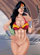 abs adapted_costume bikini_top black_hair bottomless bra breasts cellphone cleavage dc_comics high_resolution holding_object holding_smartphone large_breasts lipstick long_hair makeup phone selfie smartphone toned wonder_woman // 1080x1478 // 183.8KB