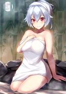 1girl bamboo blush breasts fategrand_order fate_(series) looking_at_viewer moon naked_towel nanakaku onsen red_eyes silver_hair smile tomoe_gozen_(fate) towel towel_on_head // 1020x1442 // 211.5KB
